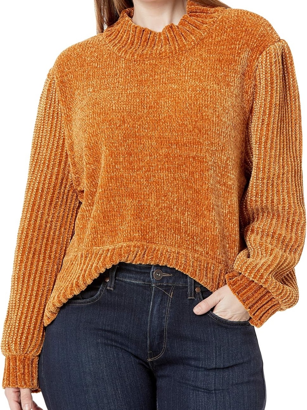 Kendall & Kylie Chenille Puff-Sleeve Turtleneck Sweater - Rust